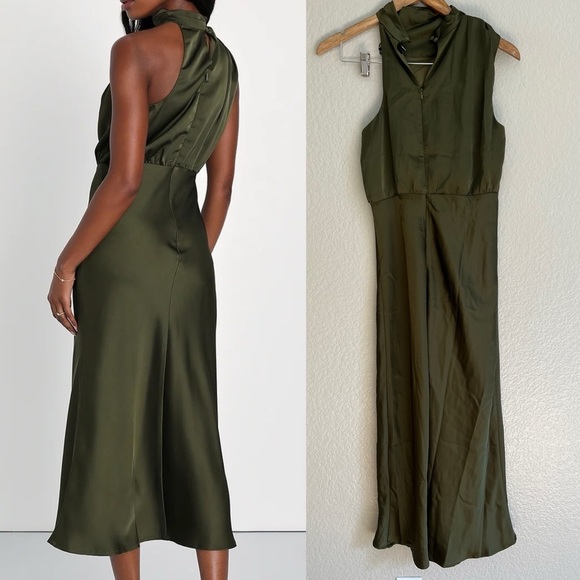 NWOT Distinctive Charm Olive Green Satin Asymmetrical Midi Dress - Picture 3 of 10